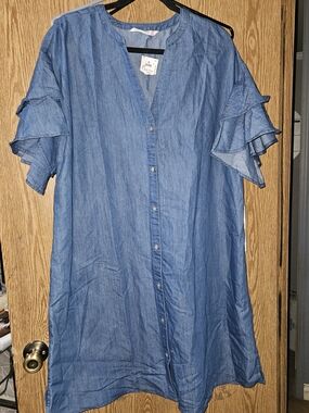 Given Kale Denim-Look Button Front Tunic with Ruffle Sleeves